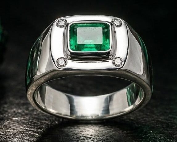 Forteresse — bague en argent 9,25, émeraude et quatre diamants VS