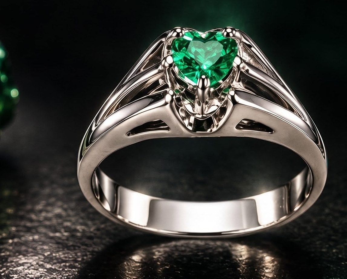 Les yeux du cœur — bague en argent 9,25, émeraude taillée en cœur
