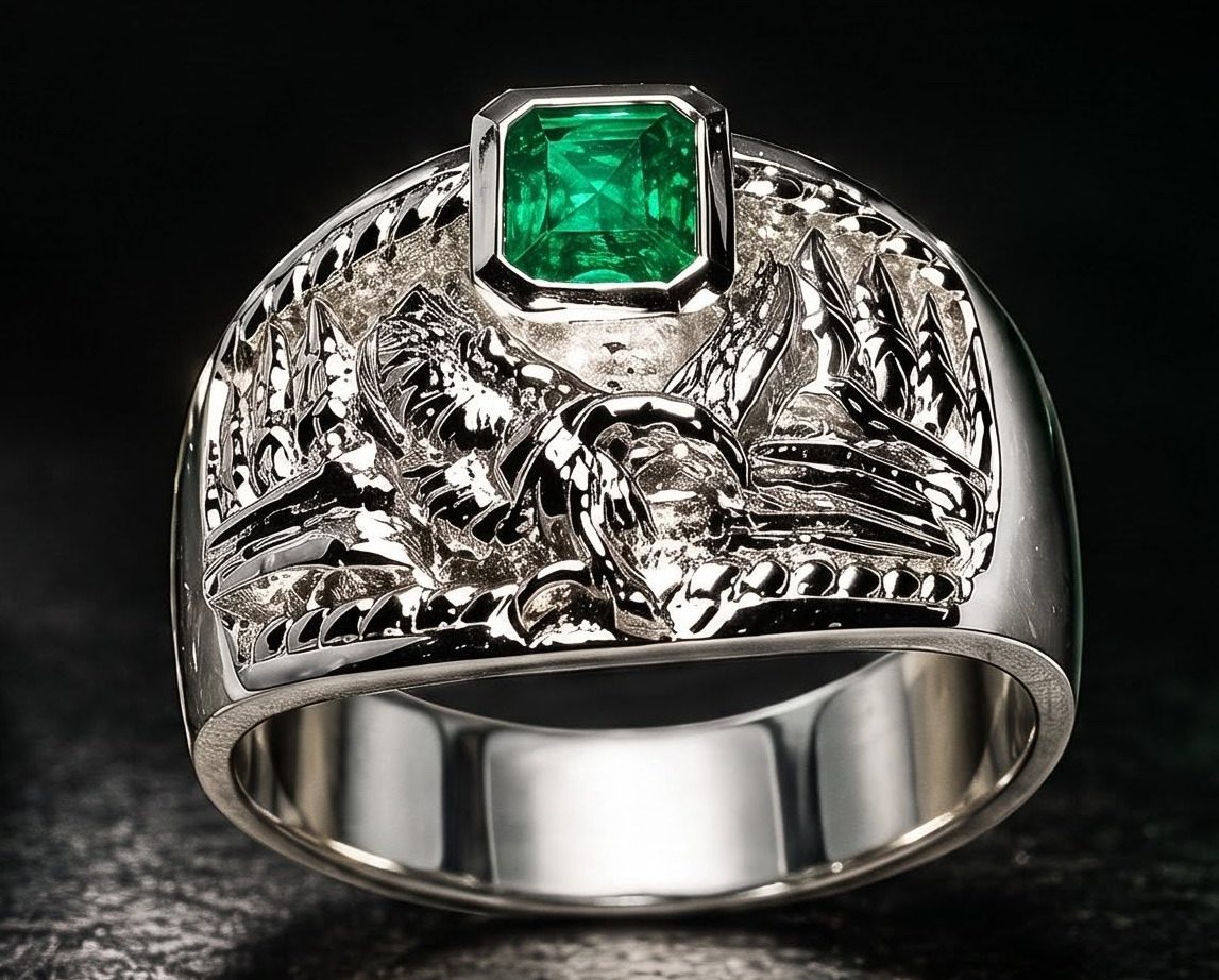 Liberté — chevalière en argent 9,25 ciselé, émeraude