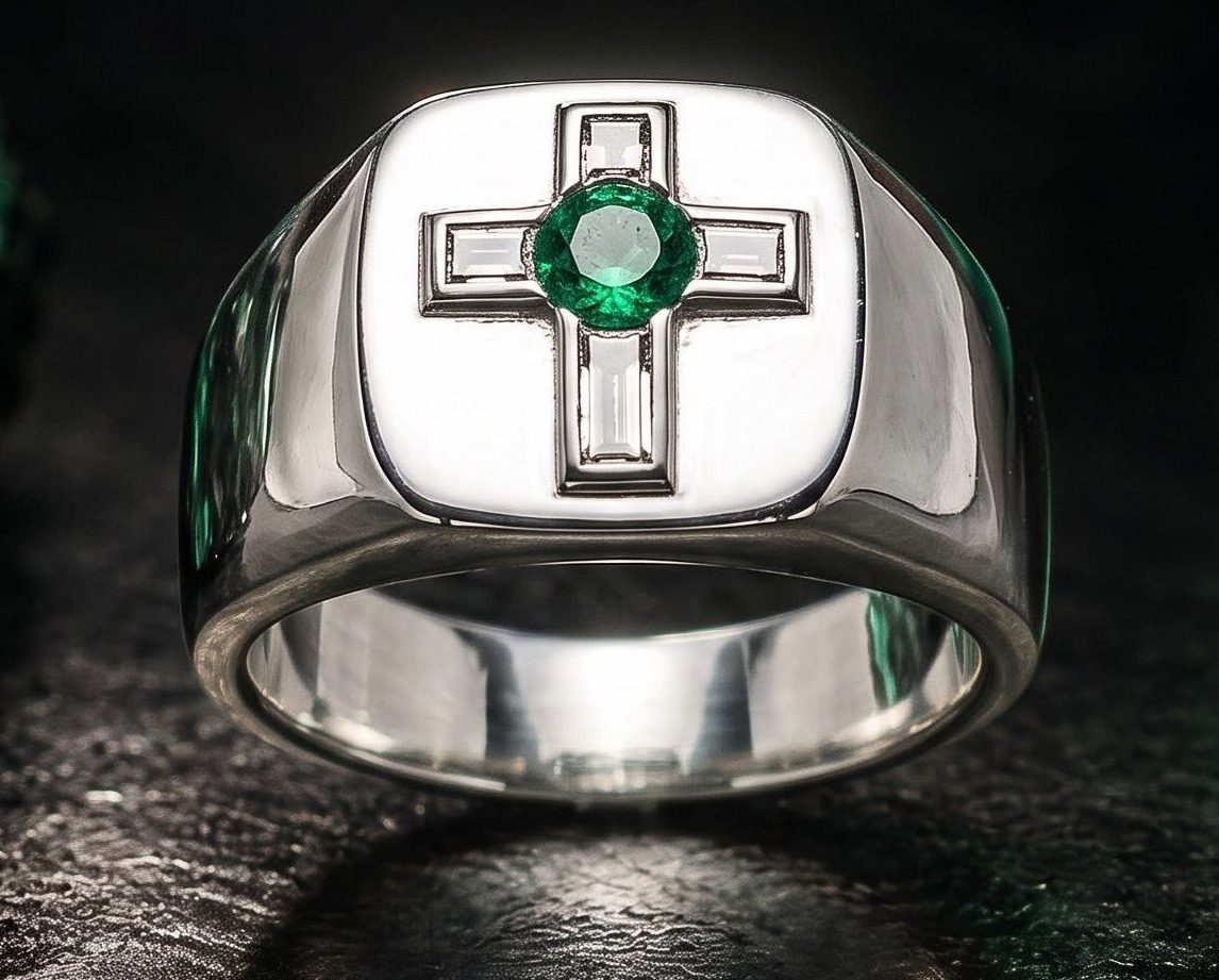 Foi — bague en argent 9,25, croix et émeraude